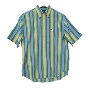 Faconnable Button Up Shirt Mens S Blue Yellow Striped Short Sleeve Casual Beach